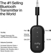 AirFly Pro 2 – Bluetooth Adapter for Airplane, Pair 2 AirPods or Wireless Headphones – 3.5mm AUX Bluetooth Transmitter and Receiver for Cars, Boats, Treadmills, TVs– Airplane Travel Essentials, Black